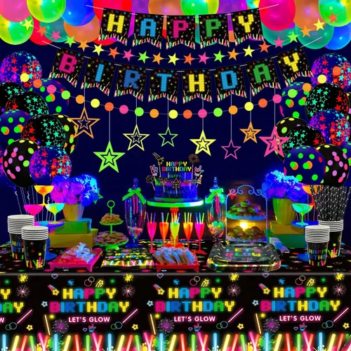 Vista 2 de 241 piezas de suministros para fiestas de neón brillante, juego de vajilla de neón brillante, globos de neón que brillan en la oscuridad, pancarta