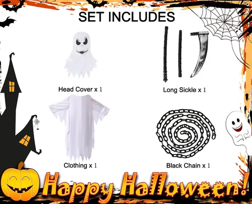 Vista 3 de QUJQOM Disfraz de fantasma de Halloween que brilla en la oscuridad para niños, capa blanca de fantasma abucheo para espeluznante truco o trato