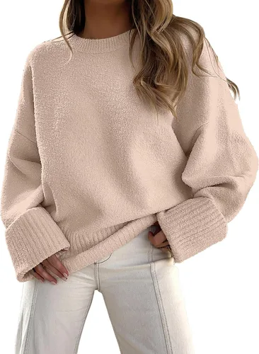 Vista 97 de LOGENE Suéter de gran tamaño para mujer, cuello redondo, manga larga, suave, mullido, suéter de punto 2025 para otoño e invierno