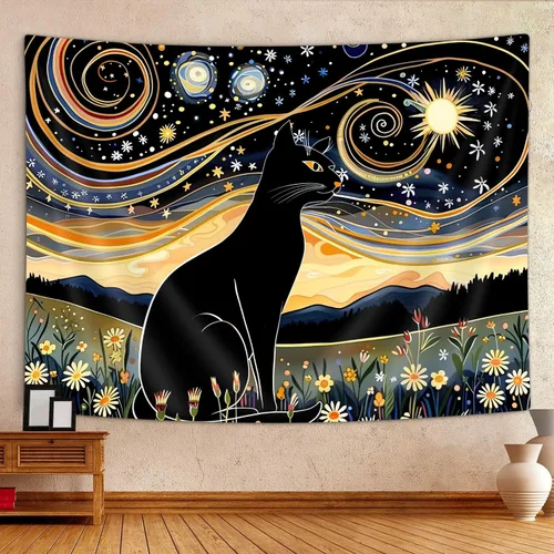 Vista 3 de Ptrxobj Tapiz estético de gato negro, divertido diseño de gato estrellado noche estrellada, tapiz para colgar en la pared para dormitorio, sol