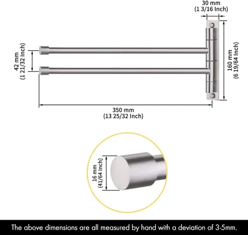 Vista 4 de KES Barra de Toallas para Baño de 13.8 Pulgadas, Montaje Basculante, Brazo Extensible, Soporte de Pared de 2 Brazos, Acero Inoxidable SUS304