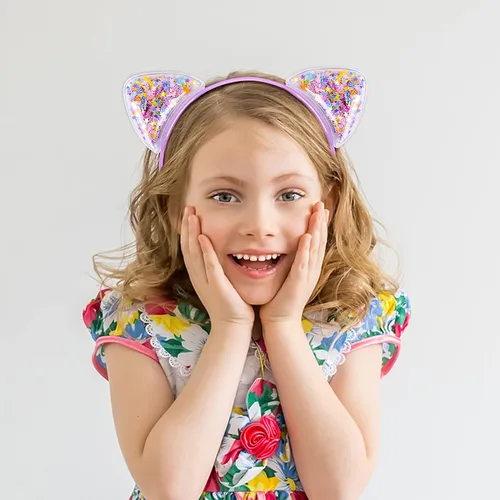 Vista 4 de Fishdown Diademas de orejas de gato con purpurina para niñas y niños, diadema brillante con orejas de gato, diadema colorida con lentejuelas