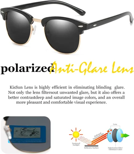 Vista 3 de KISSUN Gafas de sol polarizadas negras semi sin montura para hombre gafas de sol clásicas retro de media montura para conducción 100 bloqueo UV