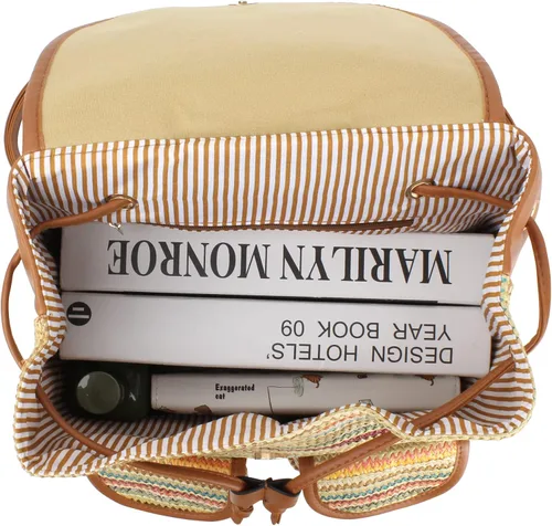 Vista 7 de Meyaus Mochila de paja hecha a mano para mujer, con solapa, cordón y cordón, Marrón claro, Mochilas Daypack