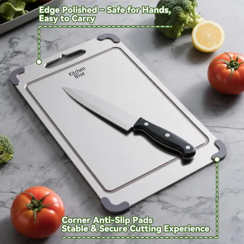 Vista 14 de Tabla de cortar de acero inoxidable, tabla de cortar de acero apto para alimentos de doble cara para cocina con 2 raspadores de limpieza, tabla