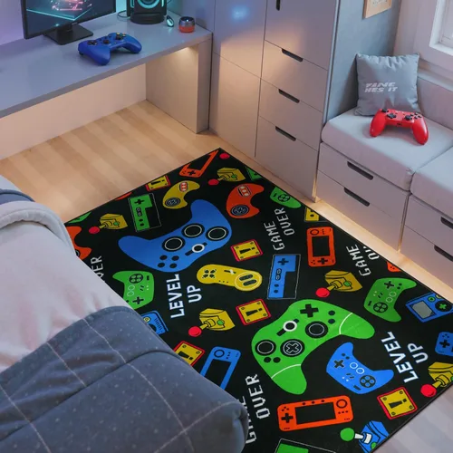 Vista 3 de STARUIA Alfombra negra con video gamer para habitación de niños, pequeña alfombra lavable de 3 x 5 pies para dormitorio de niños, alfombra suave