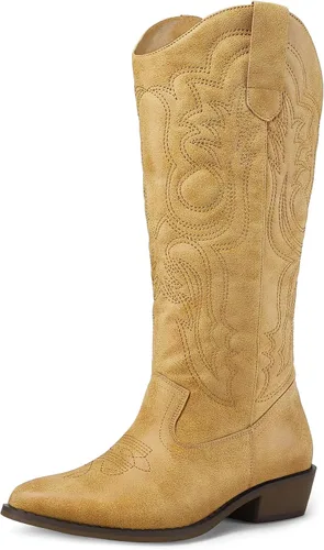 Vista 13 de mysoft Botas vaqueras para mujer de media pantorrilla bordadas estilo occidental de punta puntiaguda con tacón grueso tipo pull-on hasta la rodilla