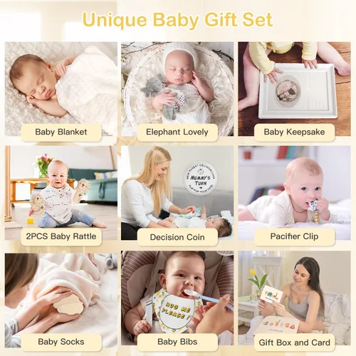 Vista 2 de Regalos de baby shower para niños y niñas, cesta de regalos para bebés, manta para recién nacidos, juguetes de sonajero, clip de recuerdo, chupete