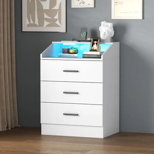 Vista 3 de Gyfimoie Cómoda de 3 cajones para dormitorio con toma de corriente, cómoda blanca con luz LED, cómodas modernas con cubículo de almacenamiento