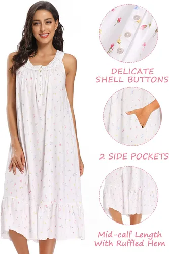 Vista 3 de IZZY + TOBY Camisones de algodón para mujer, sin mangas, con bolsillos, suaves, con nudos, camisón largo
