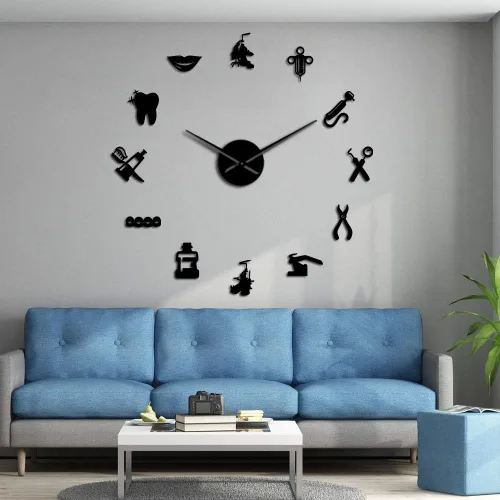 Vista 2 de The Geeky Days Reloj de pared gigante con signo de dentista con efecto espejo, reloj dental, arte de pared, decoración del hogar, reloj grande sin