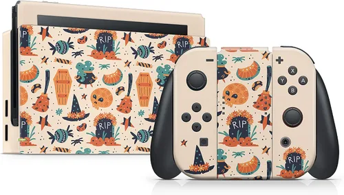 Vista 4 de Acky Design Spooky Halloween Nintendo Switch Skin Wrap Cover - Pumpkin Theme Compatible With Joy-Con, Console, Dock - Premium Vinyl 3M Full Wrap