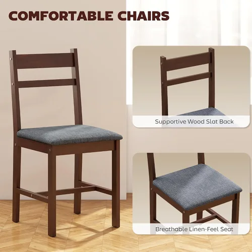 Vista 5 de HOMCOM Juego de mesa de comedor de madera maciza de 5 piezas para 4, nogal Nogal y gris