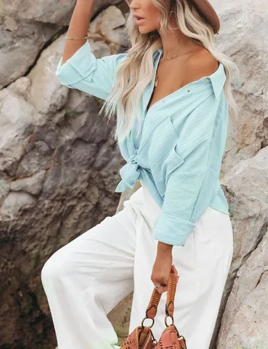 Vista 4 de Esmeling Blusa casual de gran tamaño con botones para mujer, manga larga, cuello de solapa, ajuste holgado