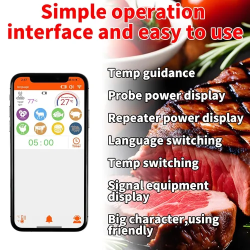 Vista 4 de Termómetro inteligente Bluetooth para carne de 500 pies con impermeabilidad IP66, termómetro de alimentos para barbacoa, termómetro inalámbrico
