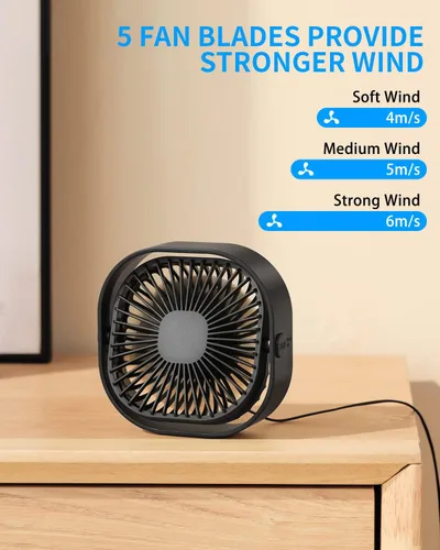 Vista 2 de Pequeño ventilador de escritorio USB, mini ventilador de mesa silencioso de 4 pulgadas, ventilador de escritorio portátil de 3 velocidades, pequeño