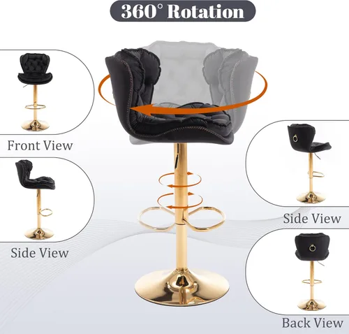 Vista 4 de Taburetes de bar de terciopelo, modernos taburetes giratorios de altura ajustable, sillas de mostrador de 360 grados con respaldo y base de metal