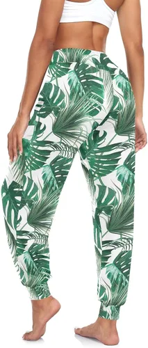 Vista 4 de Flamingos - Pantalones de flores tropicales para mujer, pantalones deportivos de cintura alta, pantalones de harén para mujer, cómodos pantalones