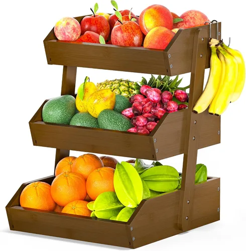 Vista 14 de Gmtsl Cesta de frutas de bambú para cocina, frutero de 2 niveles para encimera de cocina, soporte grande para frutas con 2 ganchos para plátanos