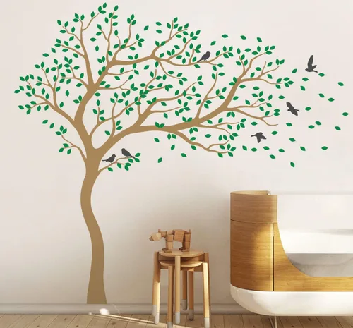 Vista 16 de Vinilo decorativo para pared de árbol grande con pájaros y hojas que soplan en el viento, adhesivo mural de bosque