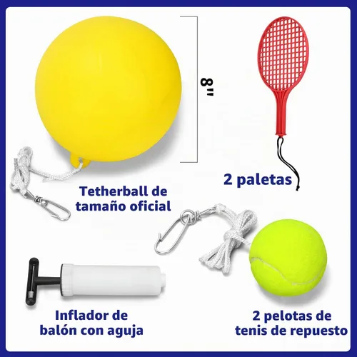 Vista 4 de Tetherball - Juego de tenis con poste de gancho giratorio de 360°, pelota, cuerda y pala. Equipo de tetherball para exteriores para patio trasero