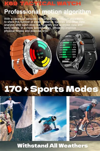 Vista 5 de Reloj inteligente militar, pantalla AMOLED ultra clara de 1.75 pulgadas, monitor de frecuencia cardíaca de oxígeno en sangre Spo2, batería de 730