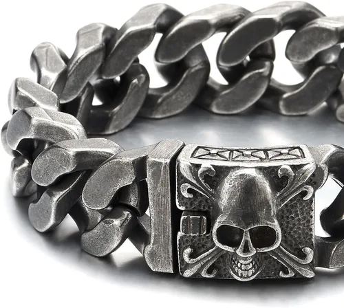 Vista 3 de COOLSTEELANDBEYOND Pulsera de cadena de acero cepillado vintage grande para hombre con flor de lis y calavera