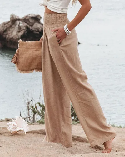 Vista 5 de GLIENST Pantalones palazzo casuales de pierna ancha para mujer, de cintura alta, fruncidos, con bolsillos, tallas S-XXL