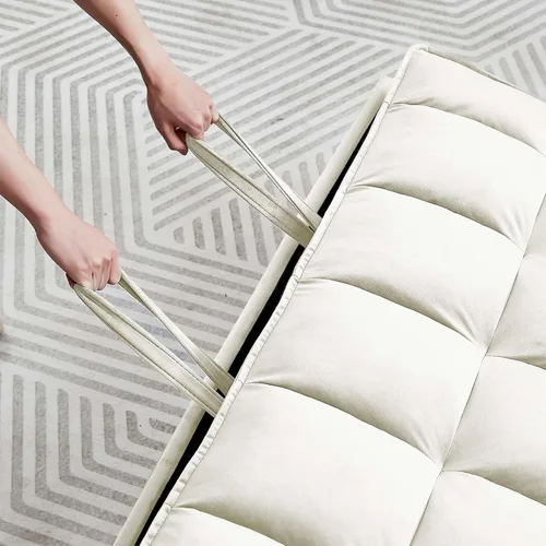 Vista 5 de Sofá cama convertible 3 en 1, sofá biplaza moderno de terciopelo con almohadas y bolsillos laterales, sofá extraíble de 2 plazas para espacios Crema
