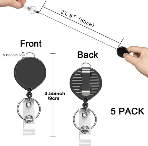 Vista 6 de AIWOQI Paquete de 5 carretes retráctiles negros para cordones, enfermeras, soporte para insignias, carrete retráctil con anillo de metal, con clip