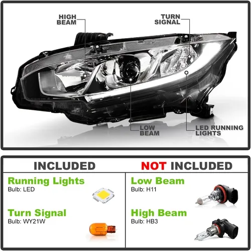 Vista 2 de ACANII - Para [tipo halógeno] 2016-2021 Honda Civic Chrome Housing LED DRL Proyector Faros Faros Par Izquierdo+Derecho