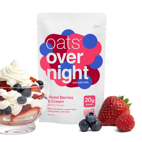 Vista 7 de Oats Overnight Mezcla de bayas y crema, avena durante la noche con 0.71 onzas de proteína, batido de proteína de desayuno alto en fibra, avena sin