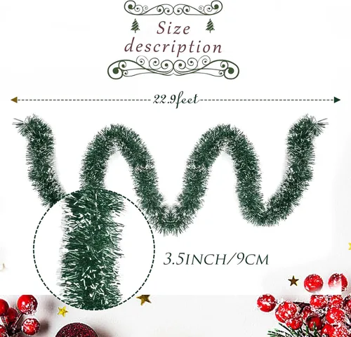 Vista 3 de Guirnalda de Navidad de 23 pies - Decoraciones de oropel metálico con torsión para interiores y exteriores, colgante de techo para Año Nuevo (verde)
