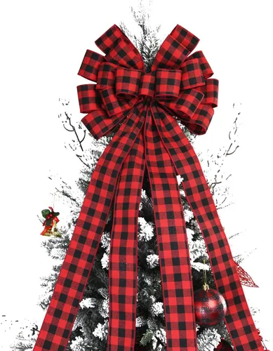 Vista 8 de Adorno para árbol de Navidad a cuadros, lazo grande de 48 x 13 pulgadas, lazos decorativos de búfalo en blanco y negro para la decoración de Navidad