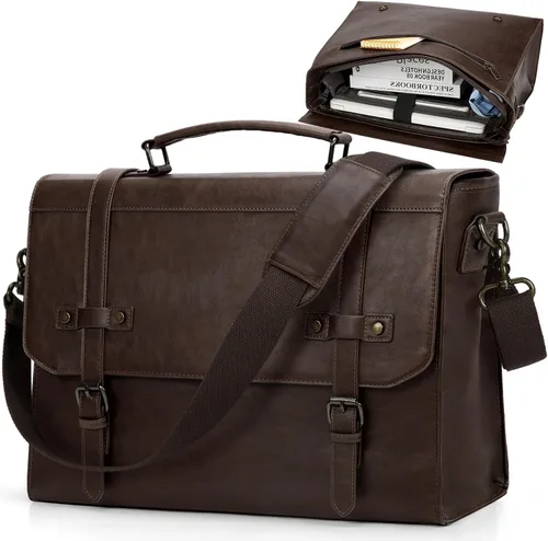 Vista 8 de RAINSMORE Bolsa de mensajero para hombre de 17 pulgadas, impermeable, de piel vintage, maletín para laptop, bolsa grande para laptop, cartera, bolsa