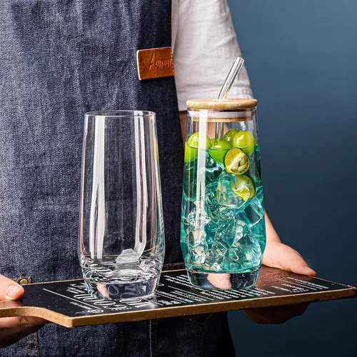 Vista 5 de Juego de 6 vasos altos de cristal, 18 onzas, tapas y pajitas de bambú, estilo vintage, resistentes a los arañazos, reutilizables, perfectos