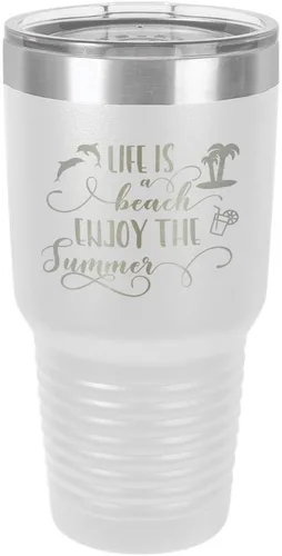 Vista 18 de La vida es una playa que disfruta el verano grabado de 30 oz vaso de acero con recubrimiento de polvo grabado láser taza de viaje de camello polar