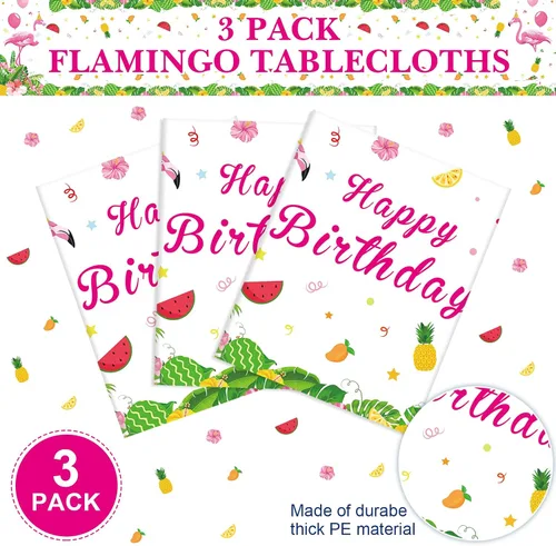 Vista 3 de Mantel rectangular de plástico tropical con diseño de flamenco rosa para decoración de fiesta de cumpleaños, picnic de verano, playa, 3 piezas, 54 x