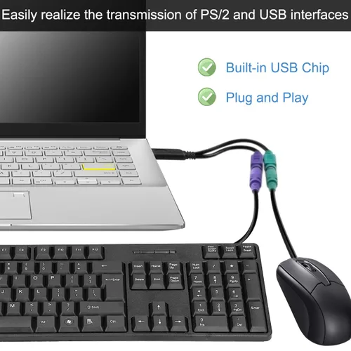 Vista 3 de Adaptador PS/2 a USB, cable adaptador de teclado y ratón, PS/2 hembra a USB A macho con chip, 2 cables convertidores 2 en 1 PS-2 a USB 2.0