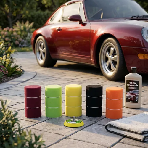 Vista 5 de Almohadillas de pulido, 16pcs 2" esponja plana pulidora Buff Pad Set para lijadora de aire adaptador de taladro pulidor de coche Thread-M6X1