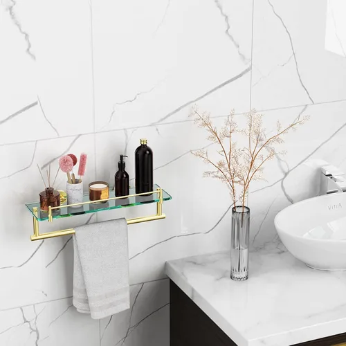 Vista 2 de Toallero con estante de 16 pulgadas, estante de baño con barra de toalla de vidrio templado, dorado cepillado moderno, acero inoxidable a prueba
