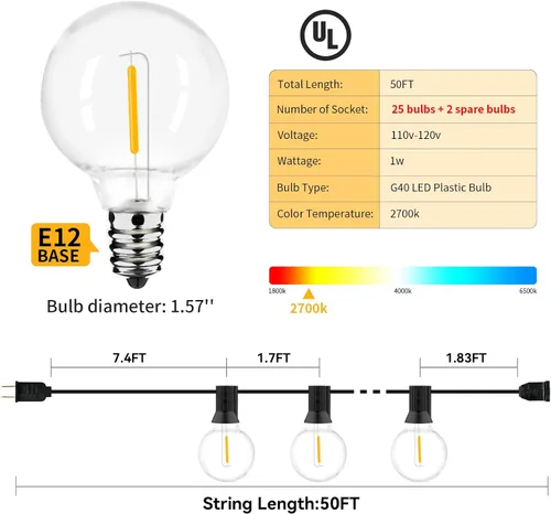 Vista 2 de Tira de luces para exteriores, 50 pies con 27 bombillas LED G40 regulables, inastillables, transparentes, aprobación UL, impermeable, 1 W, 2700 K