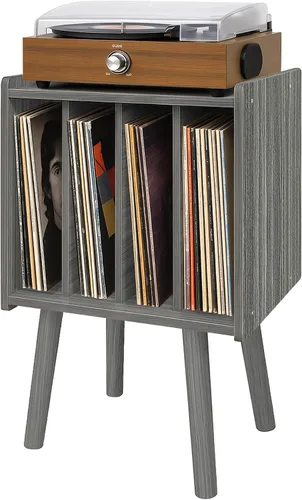 Vista 9 de Soporte para tocadiscos, mesa de almacenamiento de discos de vinilo con 4 gabinetes, soporte giratorio moderno de mediados de siglo, mesa