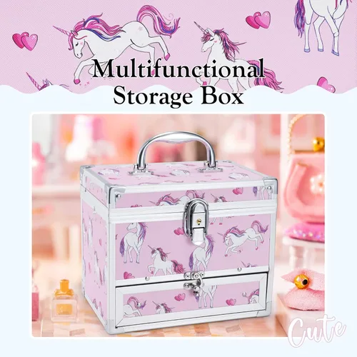 Vista 6 de Hododou Joyero para niñas diseño de unicornio rosa organizador con cajón y espejo estuche de almacenamiento con cerradura estilo unicornio
