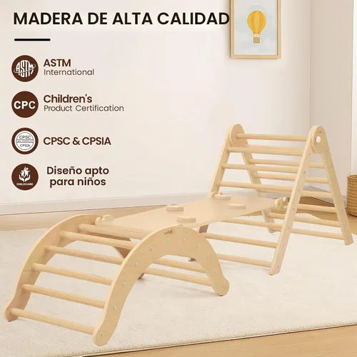 Vista 4 de Belleur Juguetes de Escalada 7 en 1 para Niños Pequeños de 1-3 Años, Set de Triángulo Pikler de Madera Plegable para Interiores, Set de Escalada