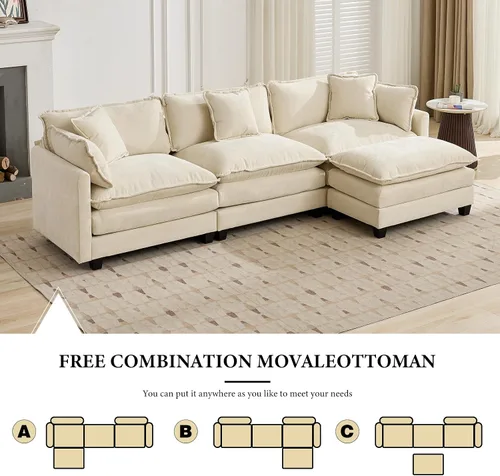 Vista 251 de Sofá seccional modular verde de 111.5", sofás seccionales grandes de 3 plazas para sala de estar, sofá nube oversized de tela chenille con otomana