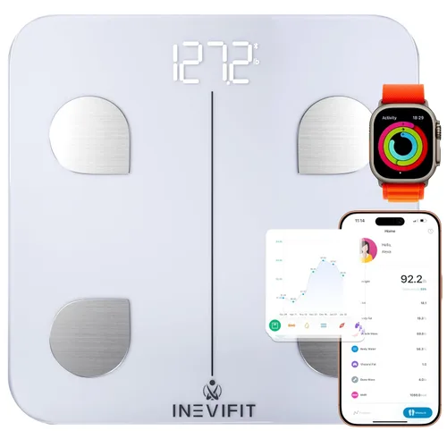 Vista 8 de INEVIFIT Báscula inteligente de grasa corporal, analizador digital de composición corporal de baño Bluetooth de alta precisión, mide peso, grasa