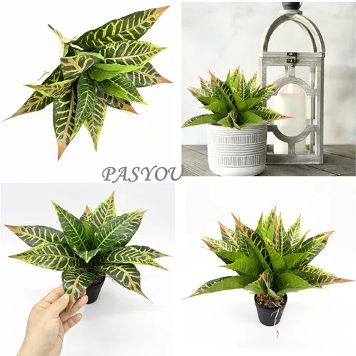 Vista 3 de PASYOU Planta artificial de Aglaonema, plantas falsas de Codiaeum Variegatum, 2 unidades, arbustos de plástico de hoja perenne de magnolia