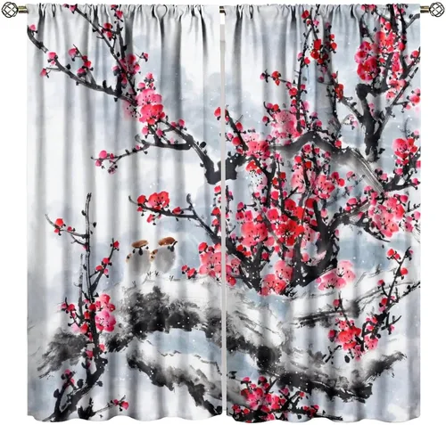 Vista 10 de Cortinas de cerezo, paisaje japonés, árbol de cerezo natural, primavera, dormitorio, sala de estar, ventana, 2 juegos de paneles, 42 x 45 pulgadas