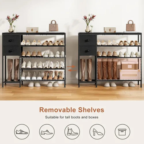 Vista 5 de Zapatero de 5 niveles con 2 cajones de tela, organizador de zapatos con estructura metálica y tablero de madera para 16-20 pares de zapatos, estante